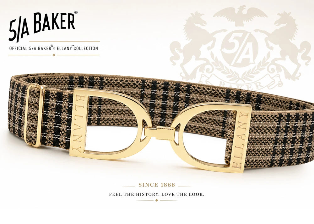 Full view of the Baker Plaid Gold Ellany Elastic Stirrup Belt on a white background with decorative accents and text "Feel the history. Love the look."