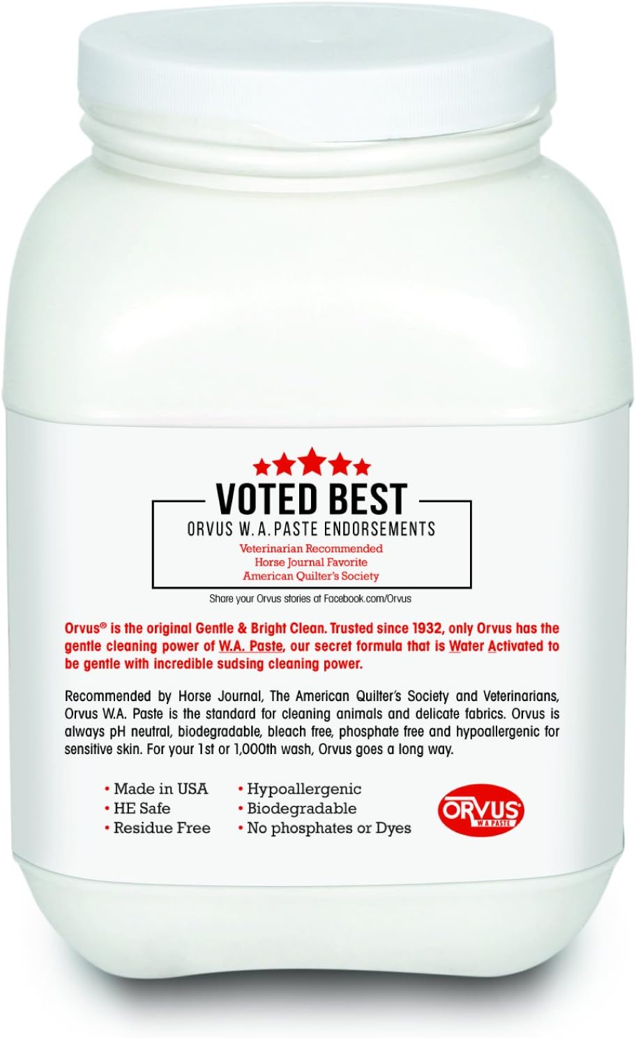 Back view of a 7.5 lb container of Orvus Paste Shampoo on a plain background