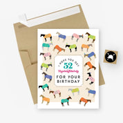 Front view of the I Hope You Get 52 Thoroughbreds For Your Birthday Hunt Seat Paper Co. Greeting Card with its envelope