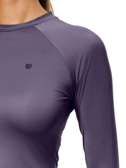 Close-up view of the shoulder on the Dark Violet Equestrian Stockholm Dynamic Long Sleeve Base Layer on a white background