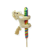 Side view of a tan 4" Plush Natural Horse On Pop on a white background