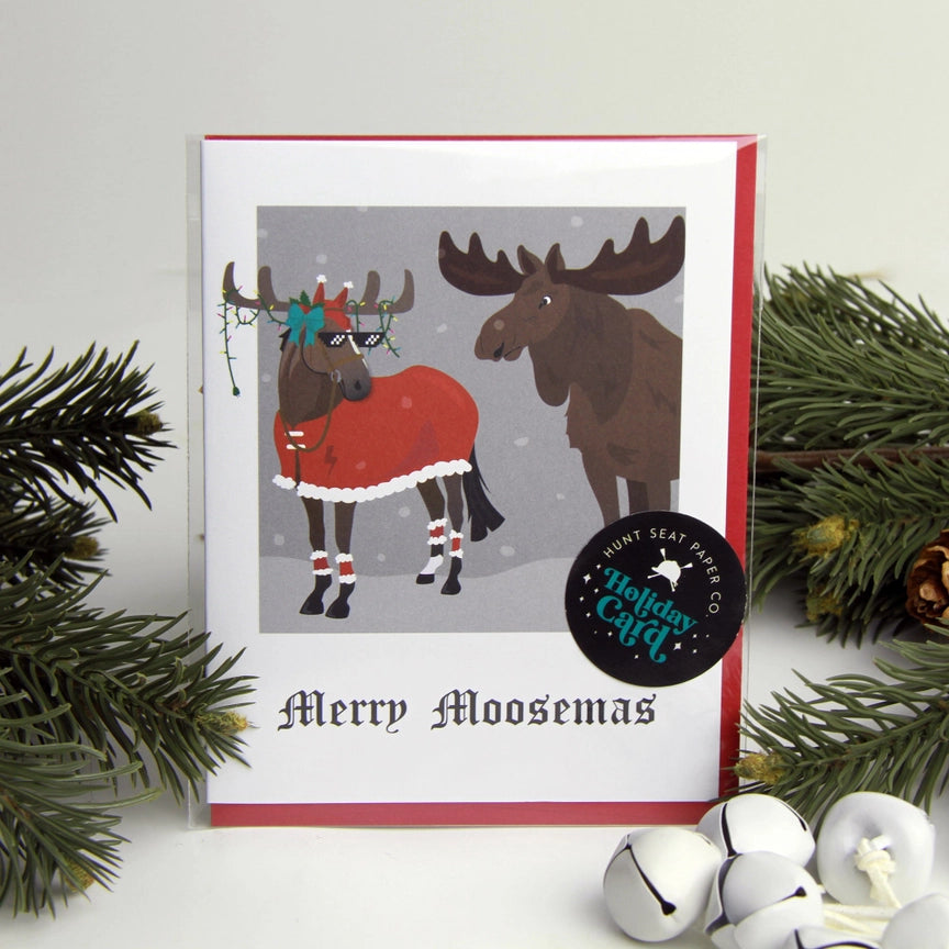 Front view of the Merry Moosemas Hunt Seat Paper Co. Holiday Card in its packaging
