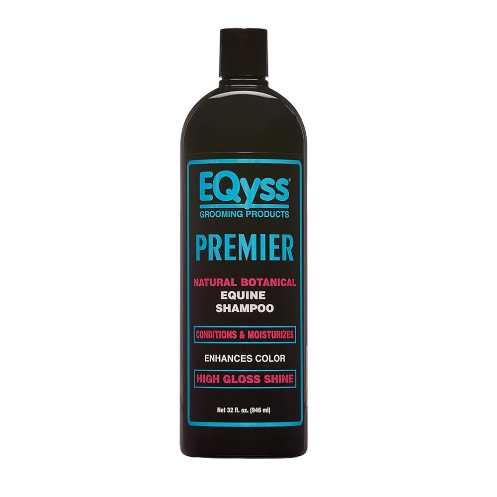 Front view of a 32 oz bottle of EQyss Premier Equine Shampoo on a white background
