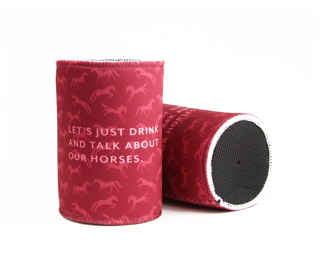 Side and bottoms views of 2 Let's Just Drink Mare Modern Goods Koozies on a white background