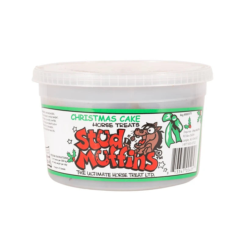Front view of a 20 oz tub of Stud Muffins Christmas Cake Horse Treats on a white background