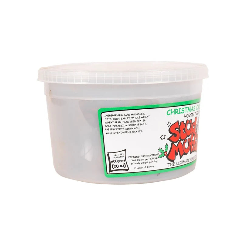Side view of a 20 oz tub of Stud Muffins Christmas Cake Horse Treats on a white background
