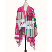View of the Pink AWST Int'l Horses in Blankets Cashmere Scarf on a mannequin on a white background