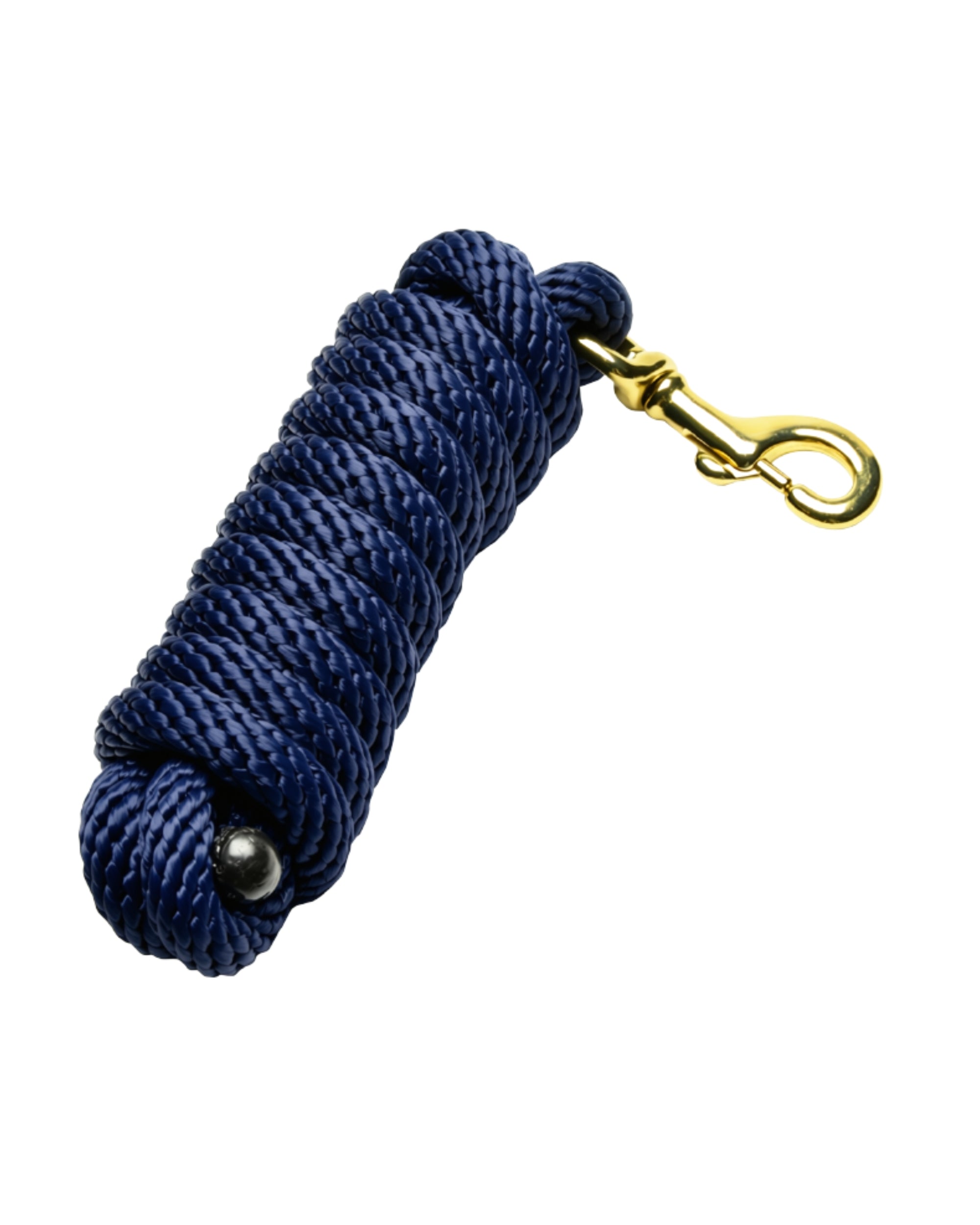 View of the rolled up navy Jacks Poly Lead Rope with Bolt Snap on a white background