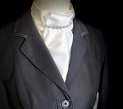Front view of the Royal Iron Equestrian Klassique Stock Tie under a black show coat worn by a mannequin