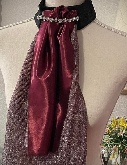 Front view of the burgundy Royal Iron Equestrian Ice Queen Stock Tie on a mannequin