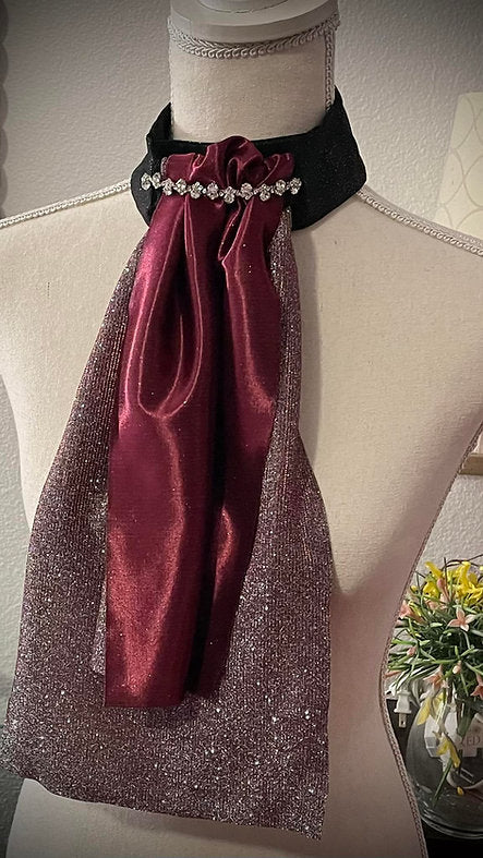 Front view of the burgundy Royal Iron Equestrian Ice Queen Stock Tie on a mannequin