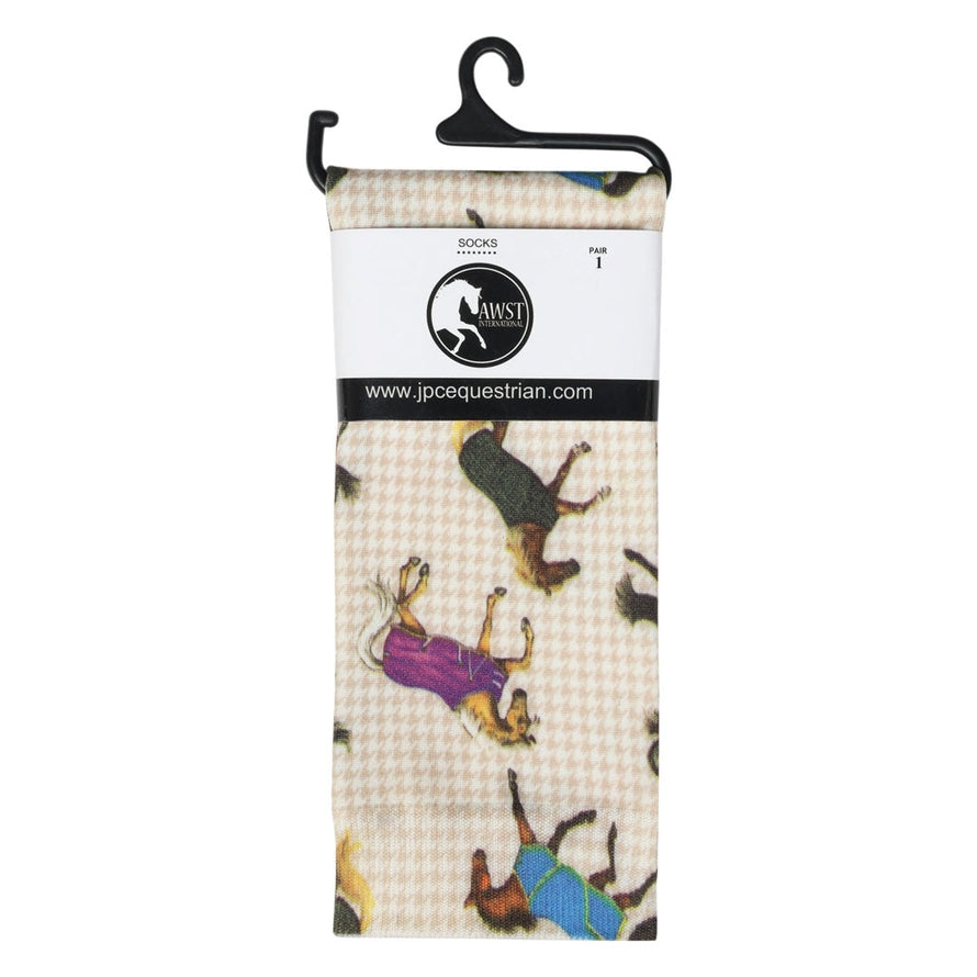 Close-up view of a pair of AWST Int'l Lila Horses in Blankets Equestrian Boot Socks on the merchandising hanger on a white background