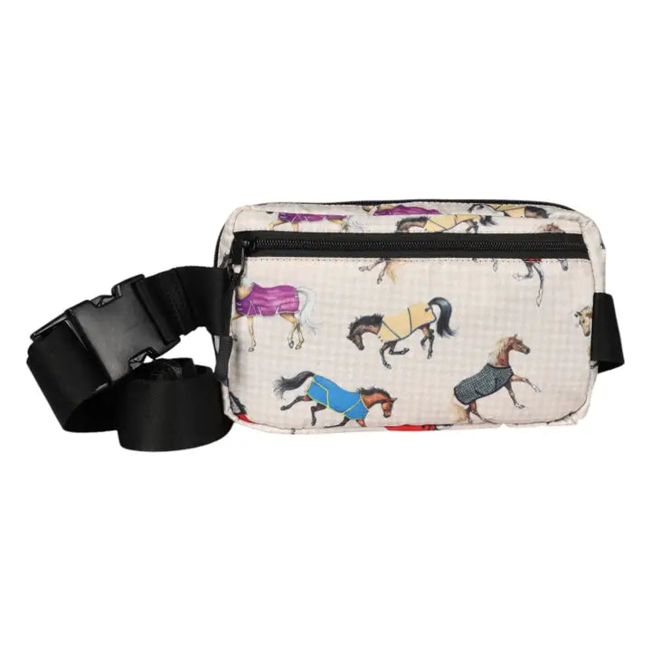 Full view of the AWST Int'l Lila Horses in Blankets Crossbody/Waist Bag on a white background