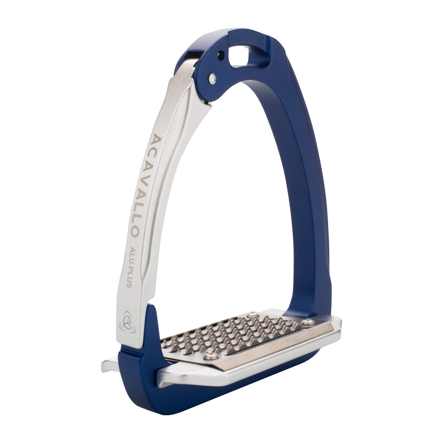 Angled view of the Blue Acavallo Arena AluPlus 2.0 Stirrup on a plain background