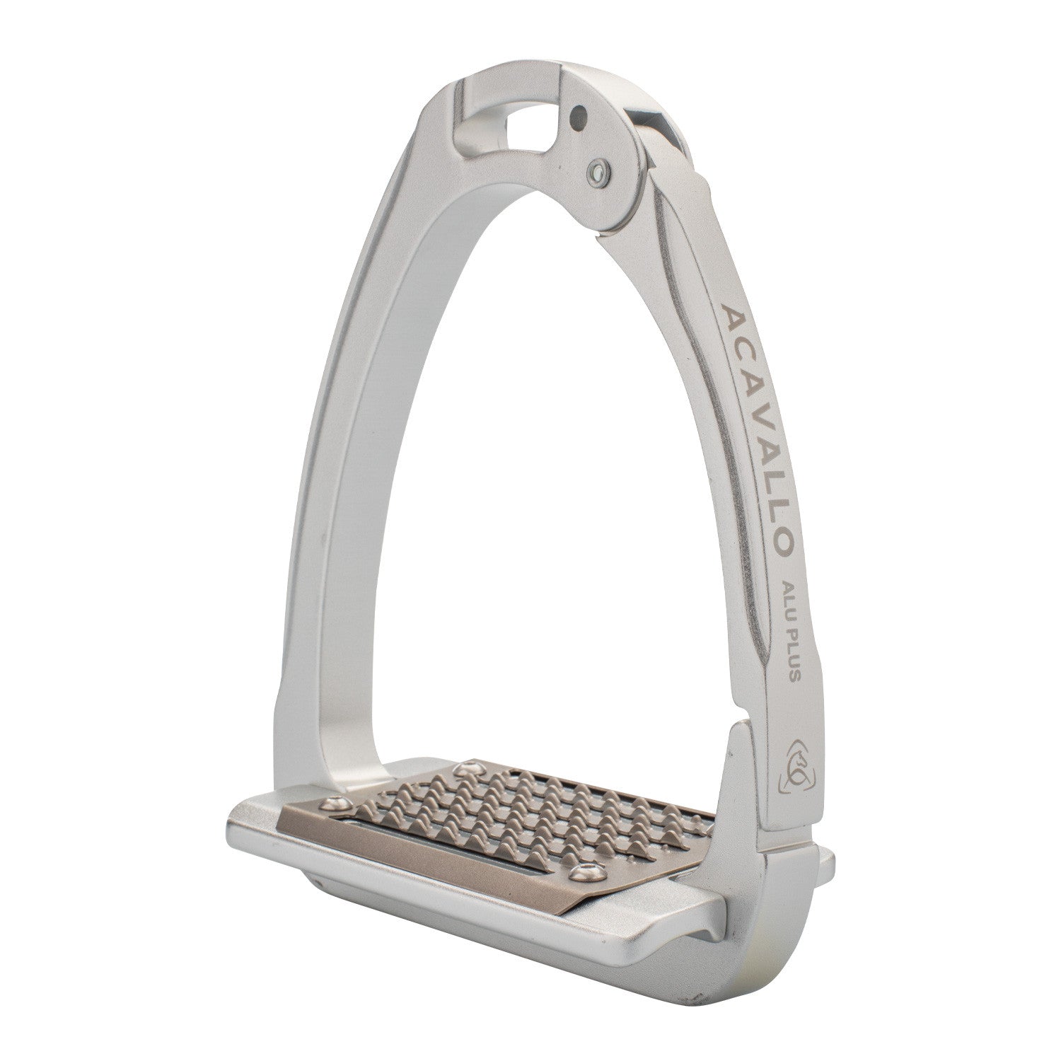 Angled view of the aluminum Acavallo Arena AluPlus 2.0 Stirrup on a white background