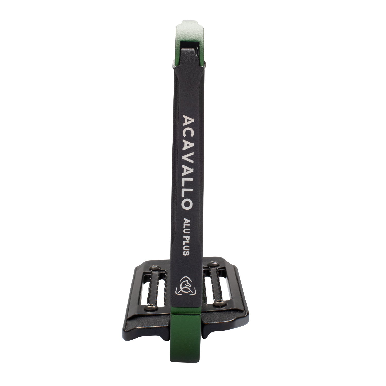 Side view of the Hunter Green Acavallo Arena AluPlus 2.0 Stirrup on a plain background
