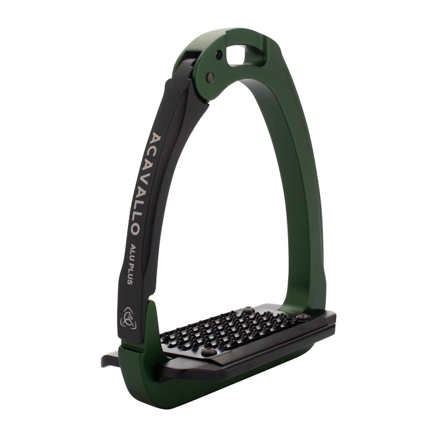 Angled view of the Hunter Green Acavallo Arena AluPlus 2.0 Stirrup on a plain background