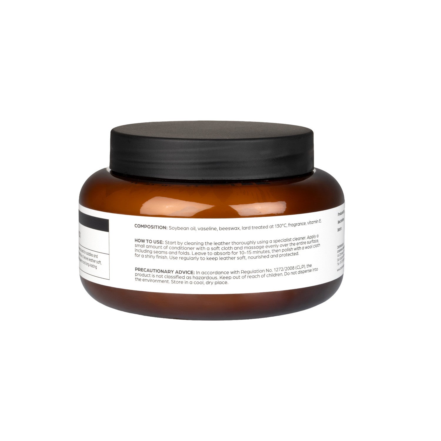 Back view of a jar of the Acavallo Beeswax Leather Conditioner on a white background