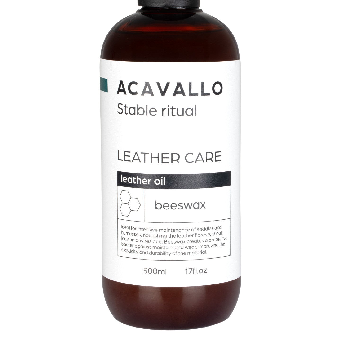 Close-up front view of a bottle of Acavallo Beeswax Leather Oil on a white background