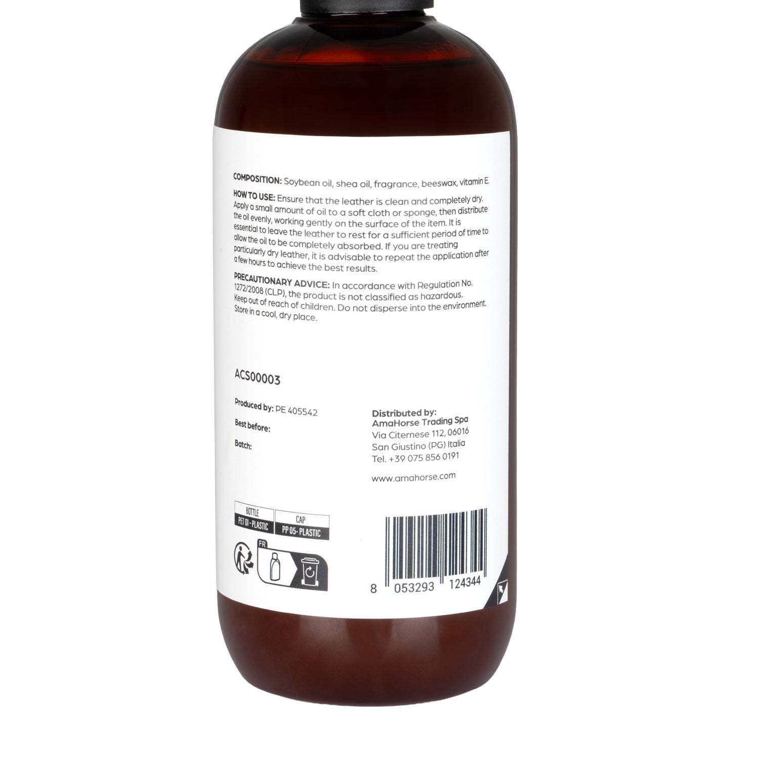 Back view of a bottle of Acavallo Beeswax Leather Oil on a white background