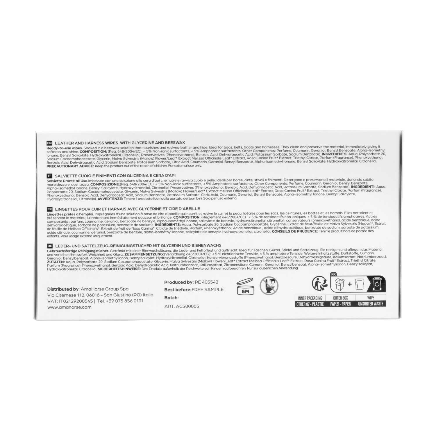 Bottom view of a package of Acavallo Beeswax Leather Wipes on a white background