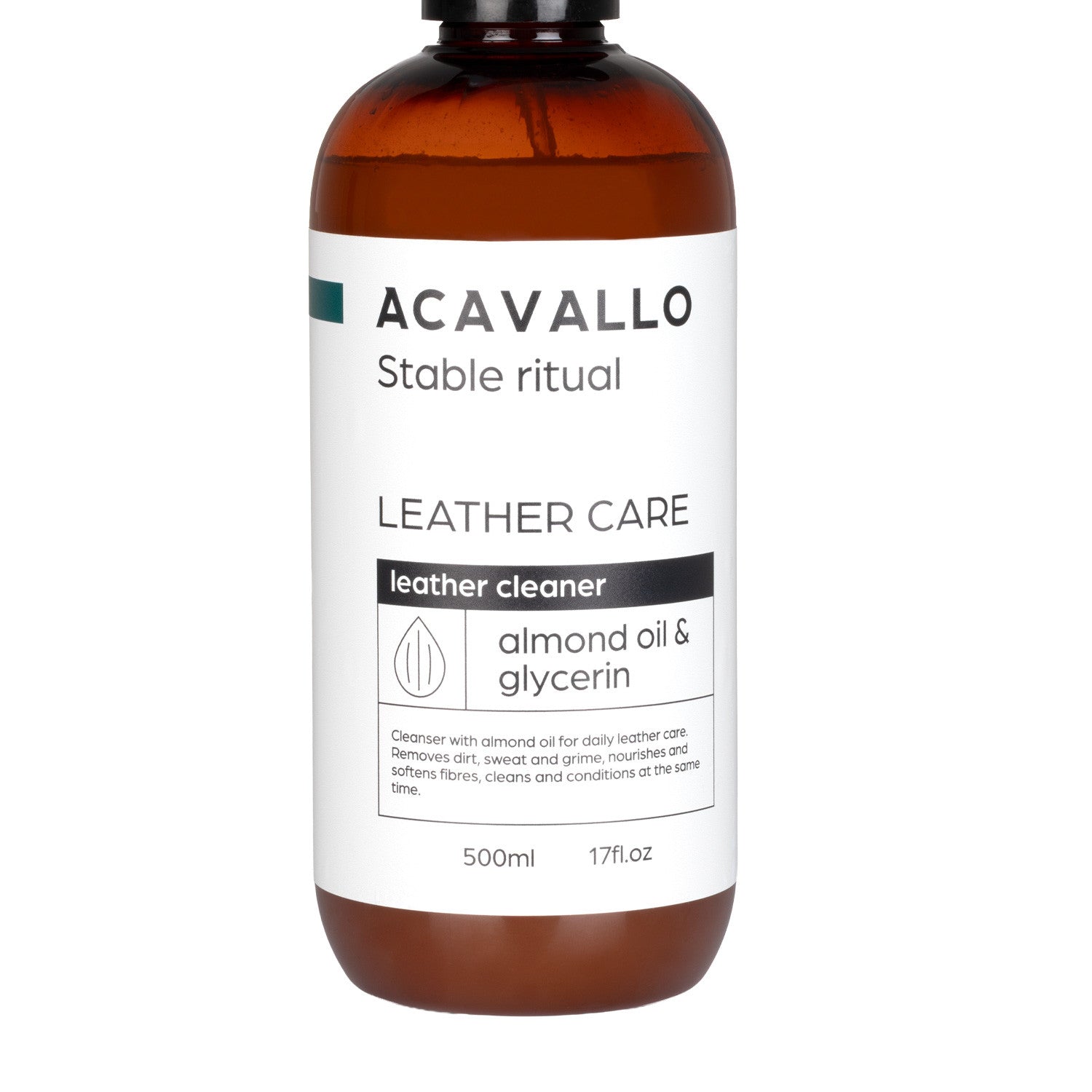 Close-up front view of a bottle of Acavallo Almond Leather Soap on a white background