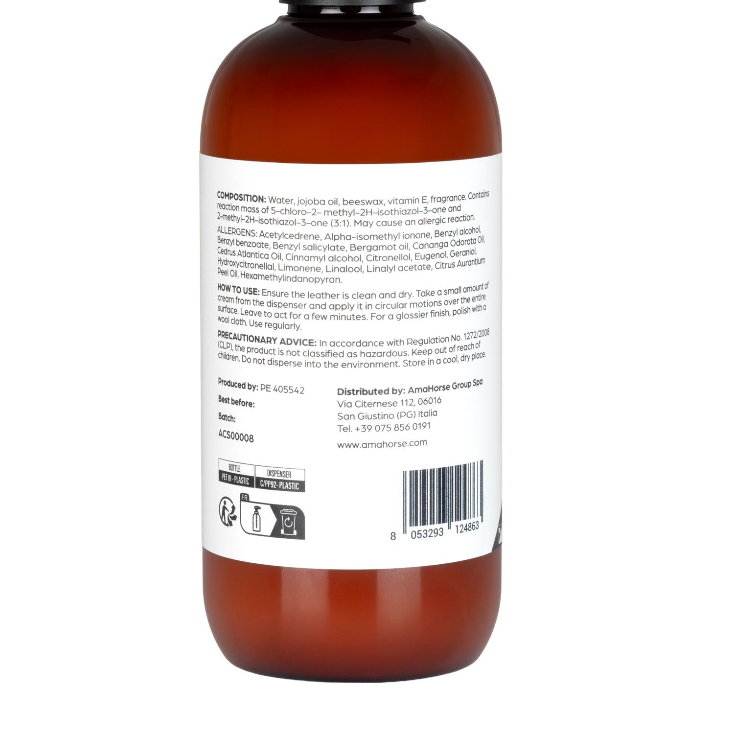 Back view of a bottle of Acavallo Beeswax Leather Cream on a white background
