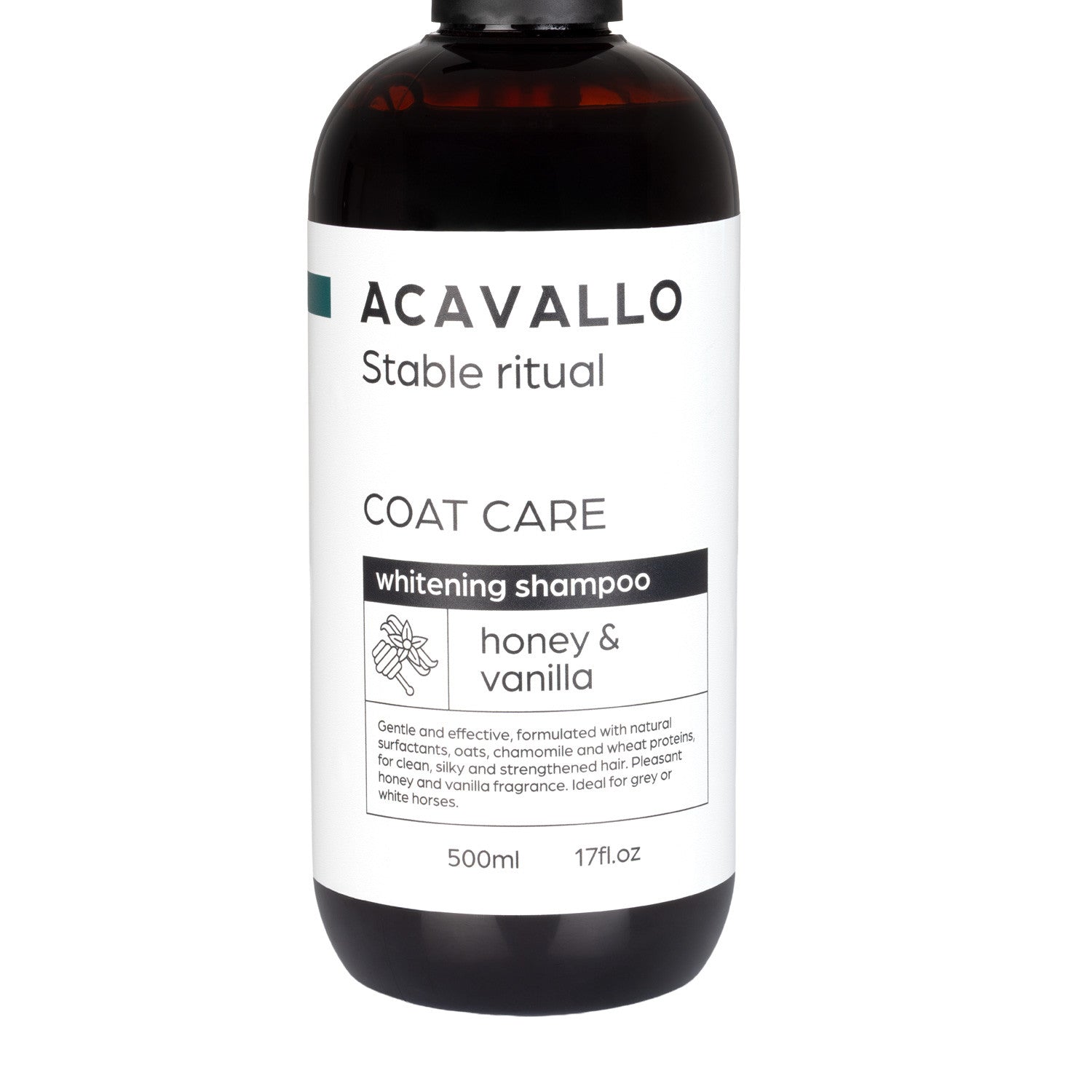 Close-up front view of the Acavallo Honey and Vanilla Shampoo for Grey Horses on a white background