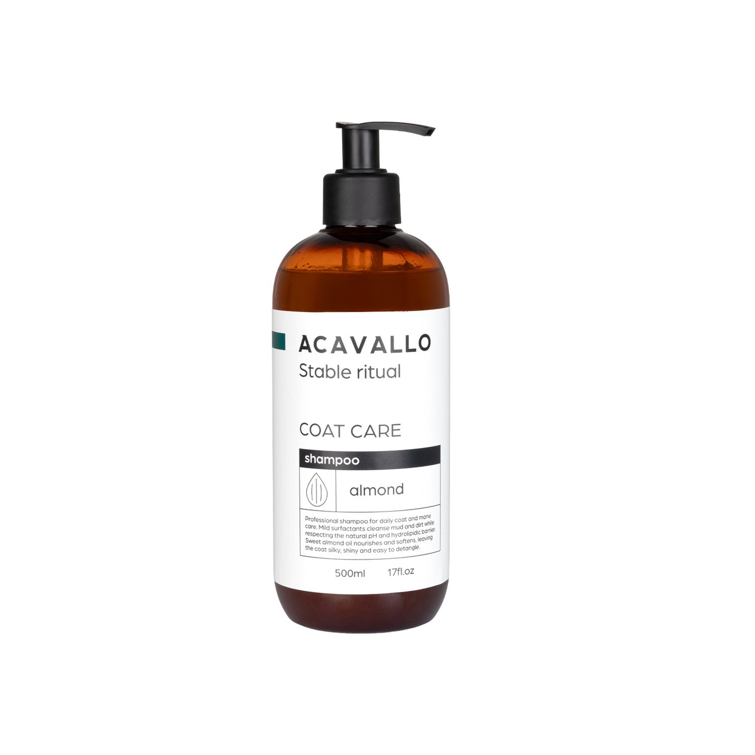 Front view of a bottle of Acavallo Almond Shampoo on a white background