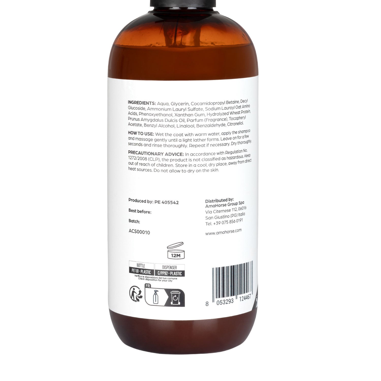 Back view of a bottle of Acavallo Almond Shampoo on a white background
