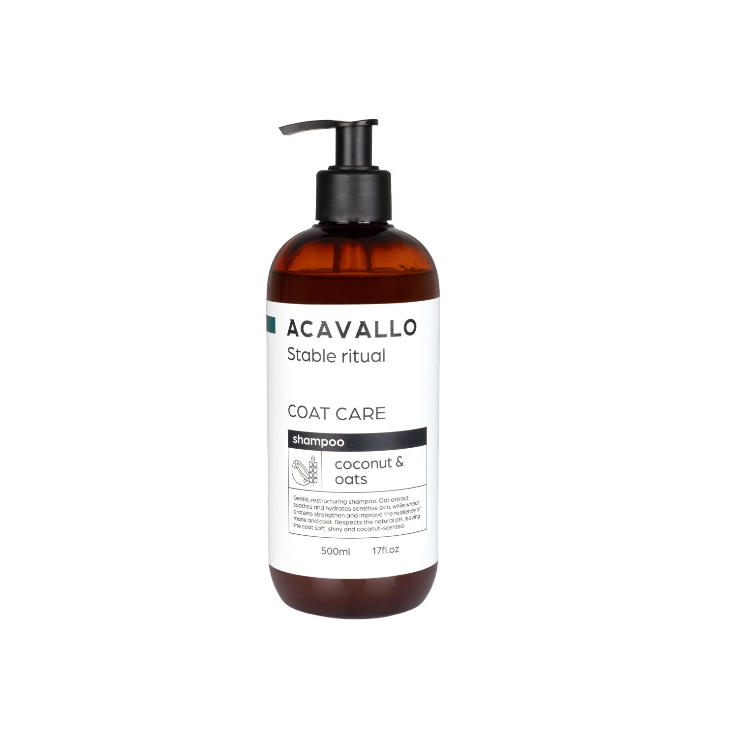 Front view of a bottle of Acavallo Coconut and Oat Silky Effect Shampoo on a white background