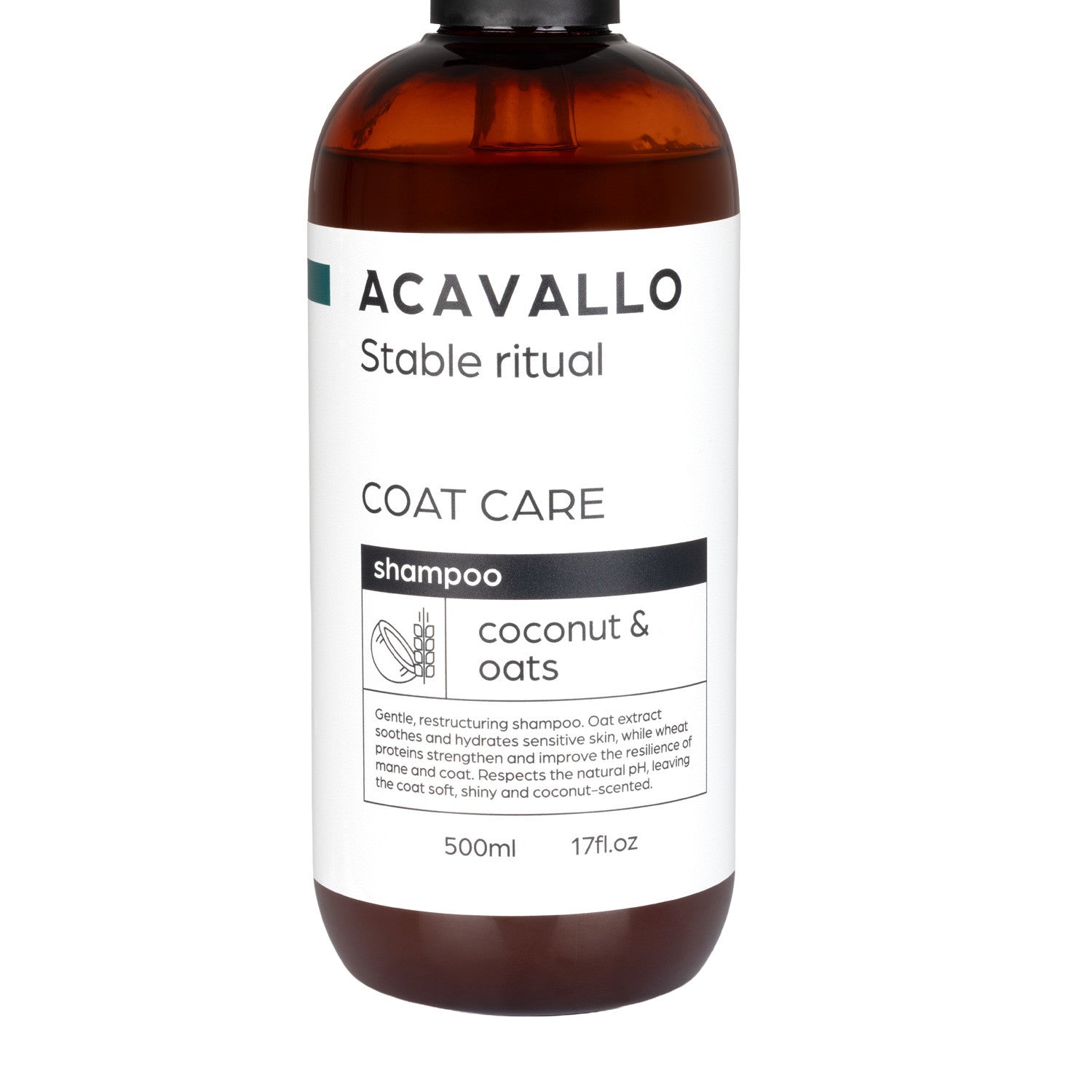 Close-up front view of a bottle of Acavallo Coconut and Oat Silky Effect Shampoo on a white background