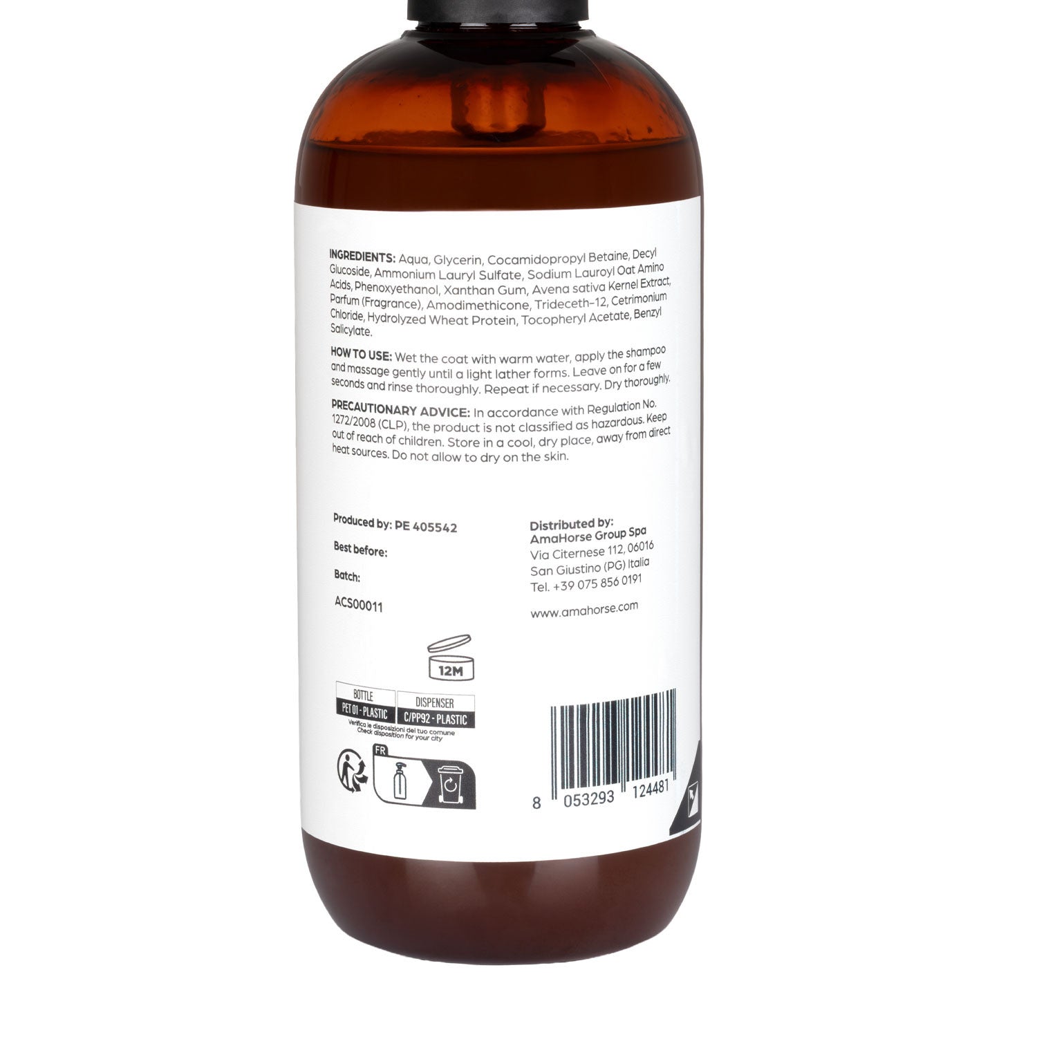 Back view of a bottle of Acavallo Coconut and Oat Silky Effect Shampoo on a white background