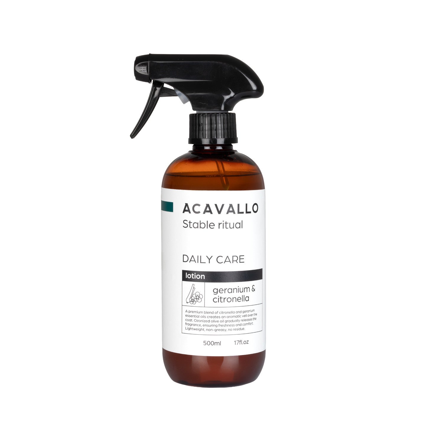 Front view of a bottle of Acavallo Citronella, Neem, and Ozone Lotion on a white background