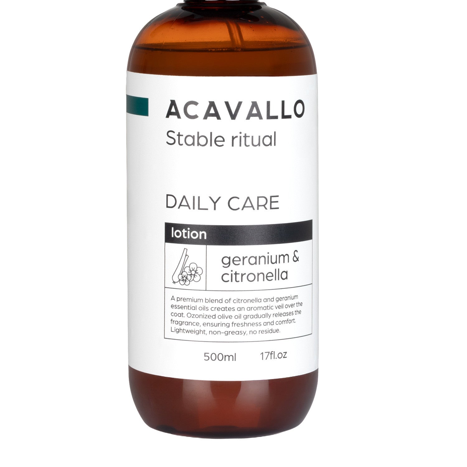 Close-up front view of a bottle of Acavallo Citronella, Neem, and Ozone Lotion on a white background