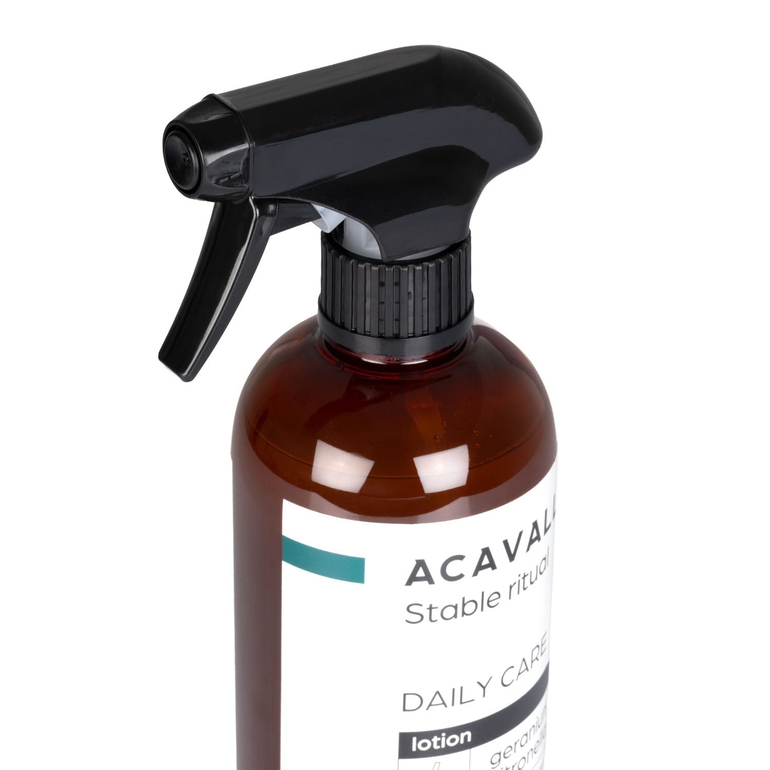 Close-up view of the sprayer on the Acavallo Citronella, Neem, and Ozone Lotion on a white background
