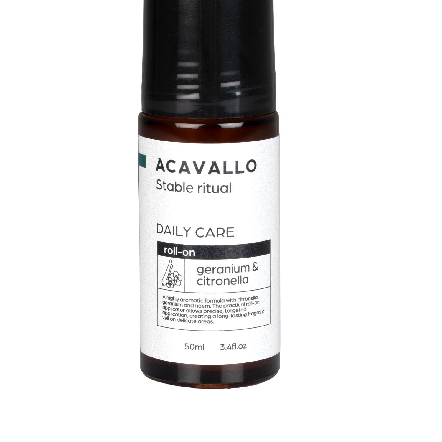 Close-up front view of the Acavallo Geranium Citronella and Neem Cream Roll-On on a white background