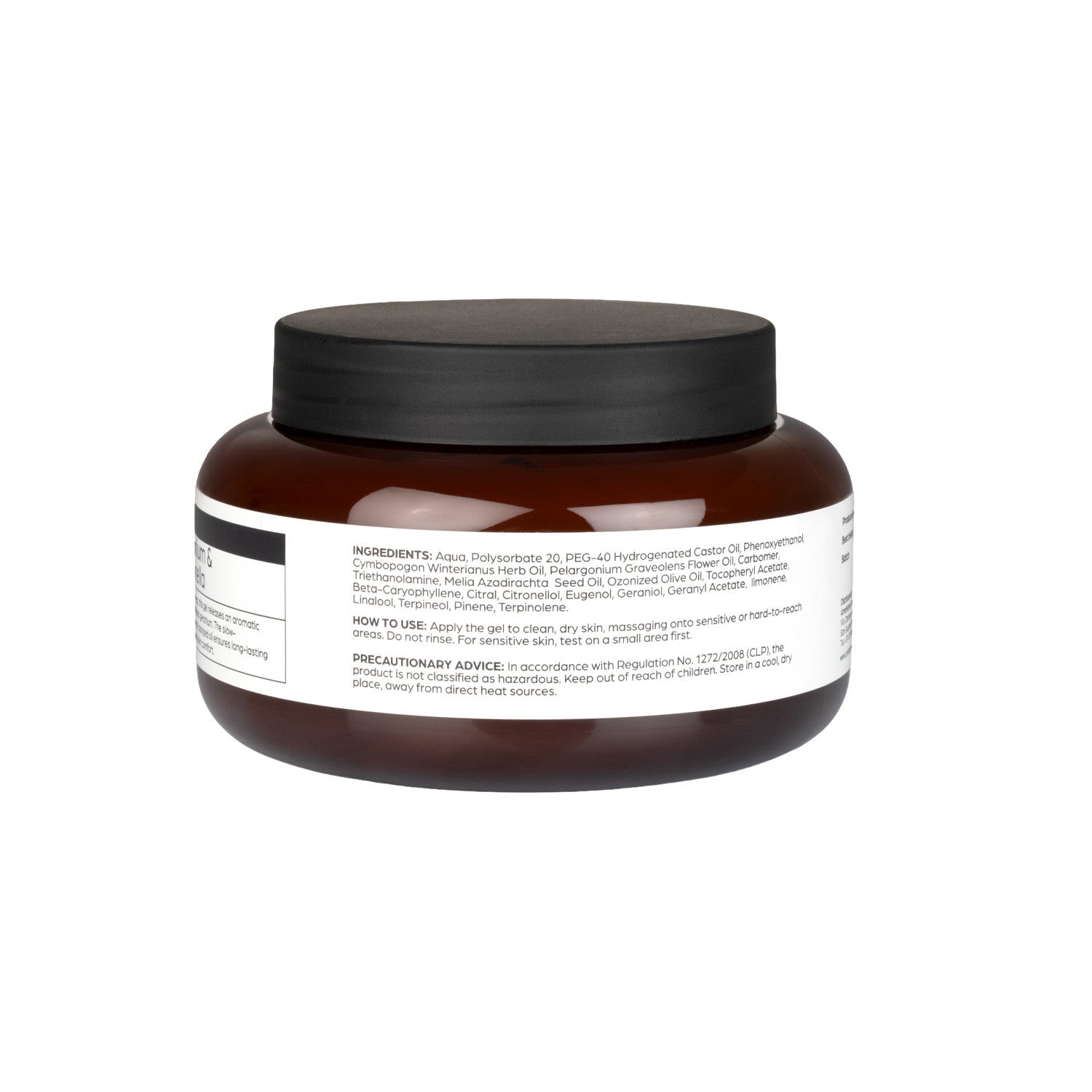 Back view of a container of Acavallo Citronella Neem and Ozone Gel Cream on a white background