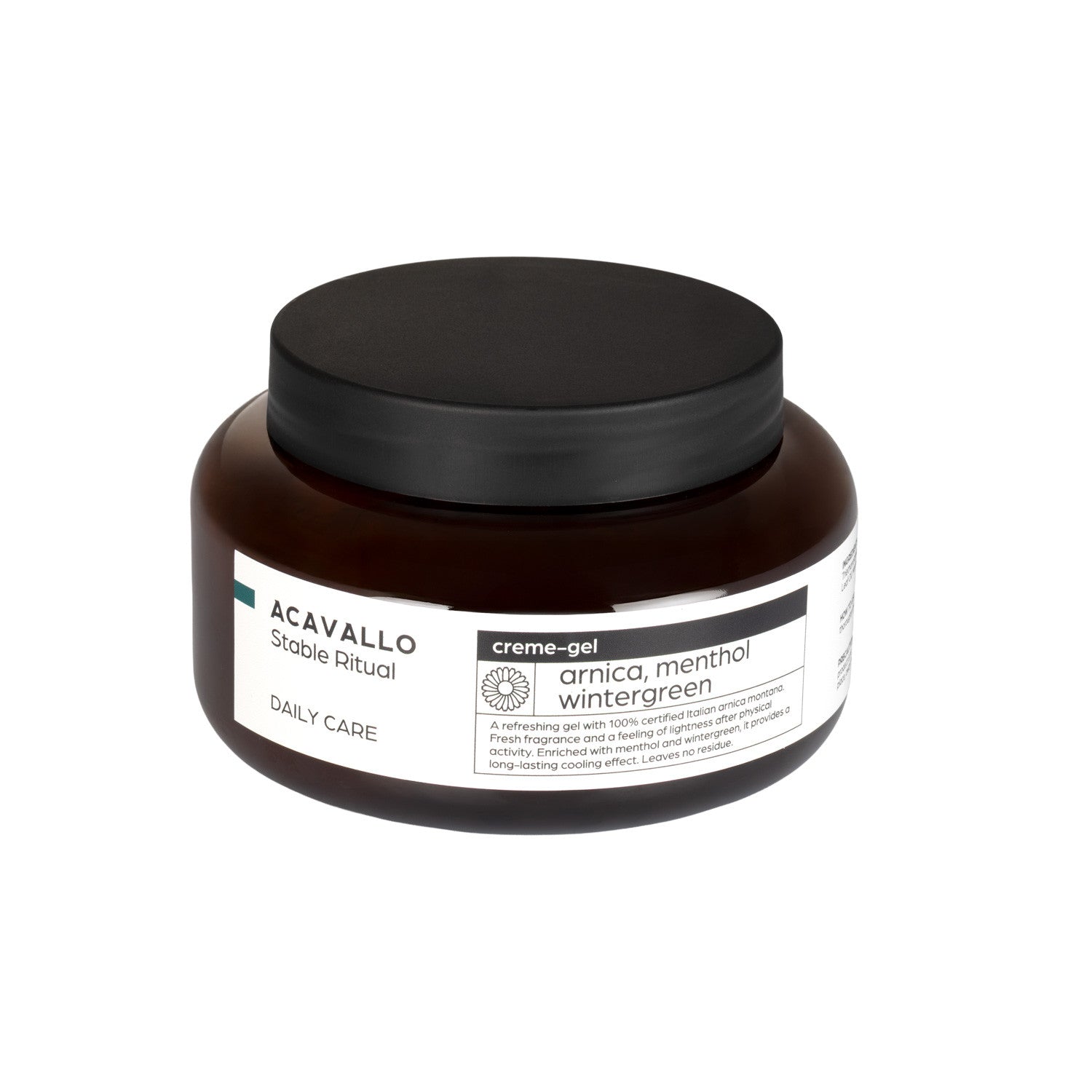 Front view of a container of Acavallo Arnica 90 with Menthol on a white background