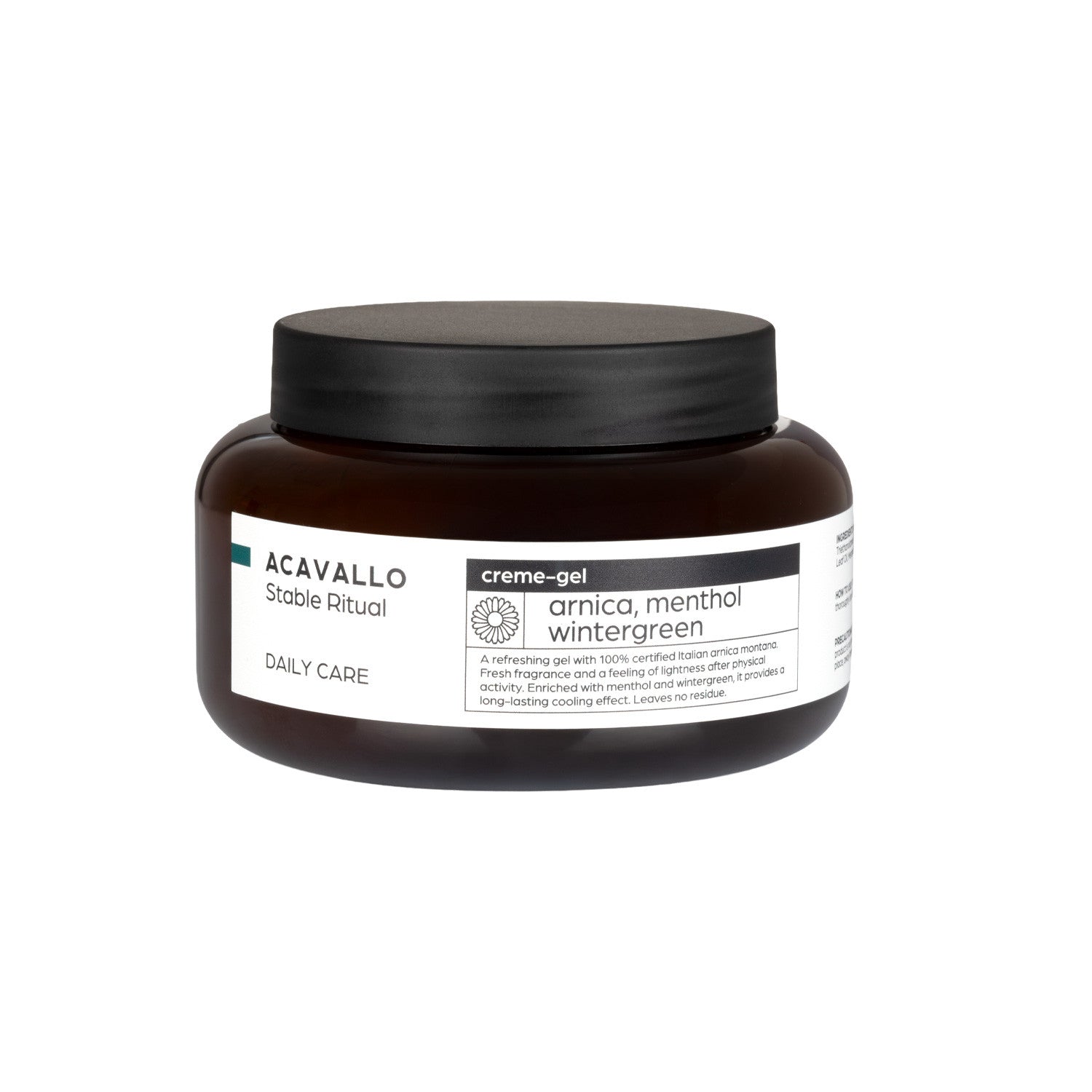 Front view of a container of Acavallo Arnica 90 with Menthol on a white background