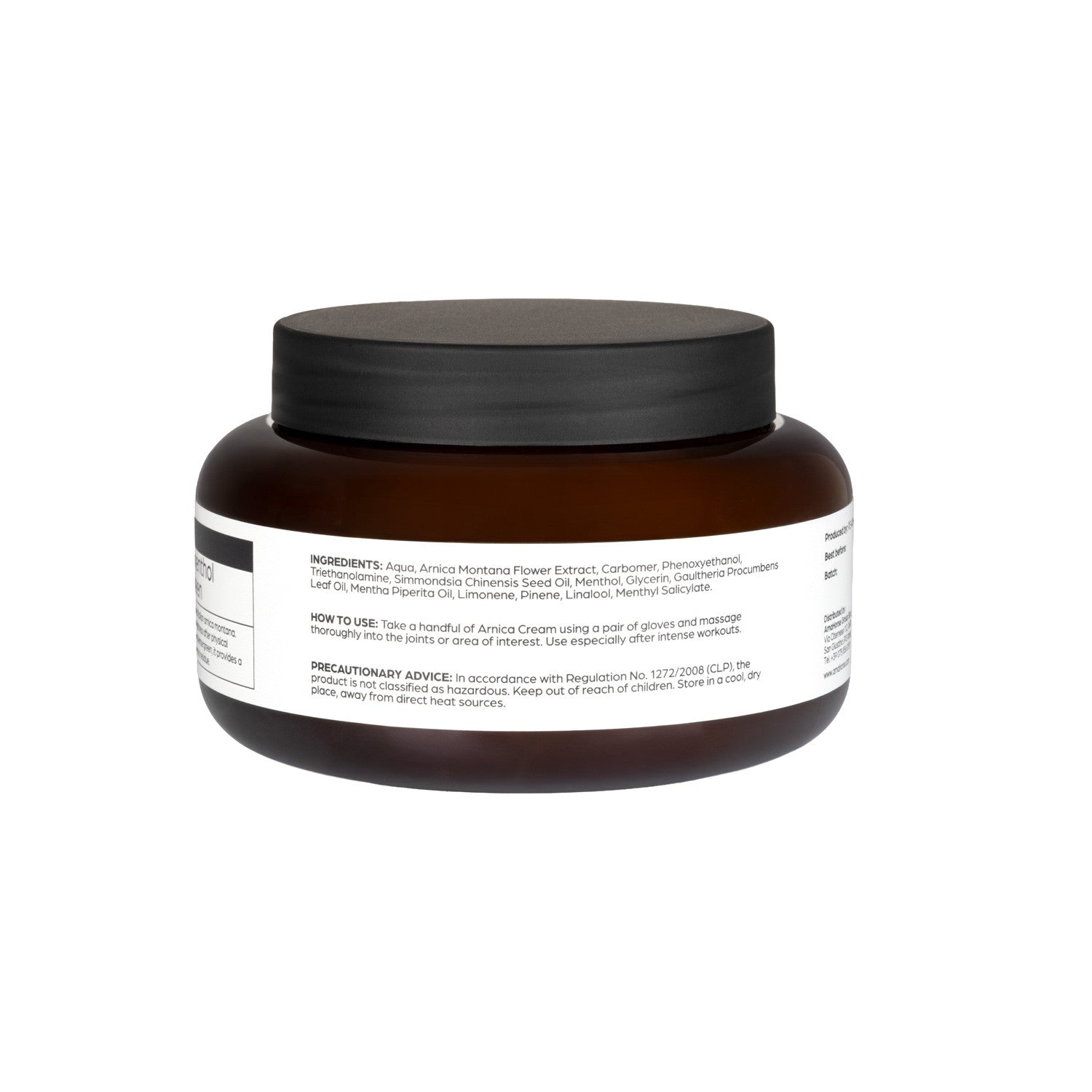 Back view of a container of Acavallo Arnica 90 with Menthol on a white background