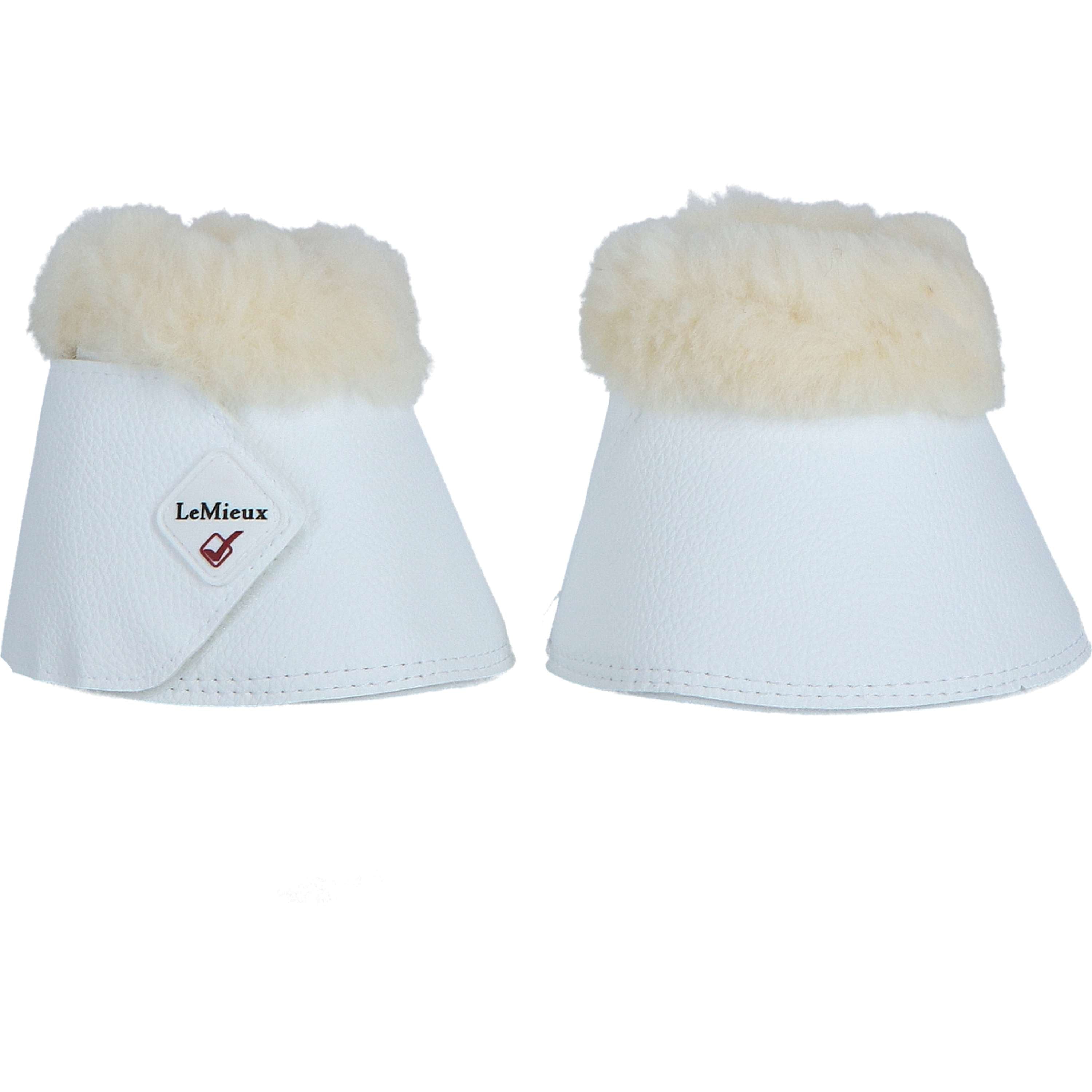 View of a pair of White/Natural LeMieux Fleece Over Reach Boots on a plain background