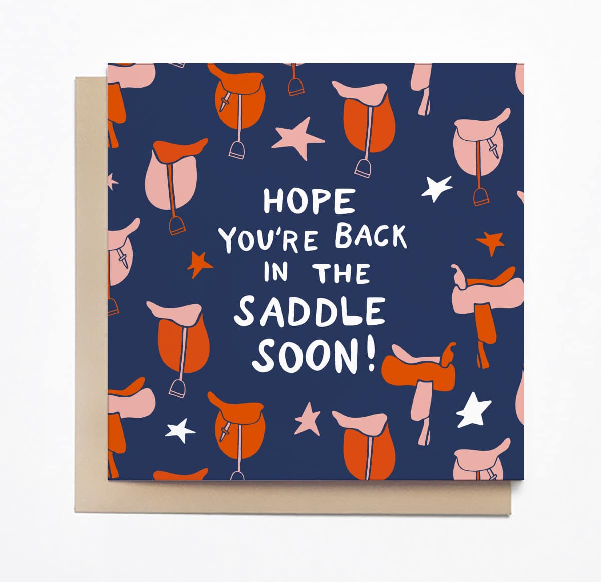 Front view of the Back in the Saddle Mare Modern Goods Greeting Card on a white background