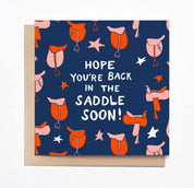 Front view of the Back in the Saddle Mare Modern Goods Greeting Card on a white background