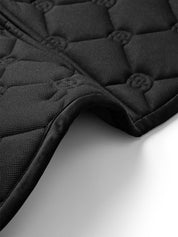 Close-up view of the underside of the Black Equestrian Stockholm Velvet Jump Saddle Pad on a plain background