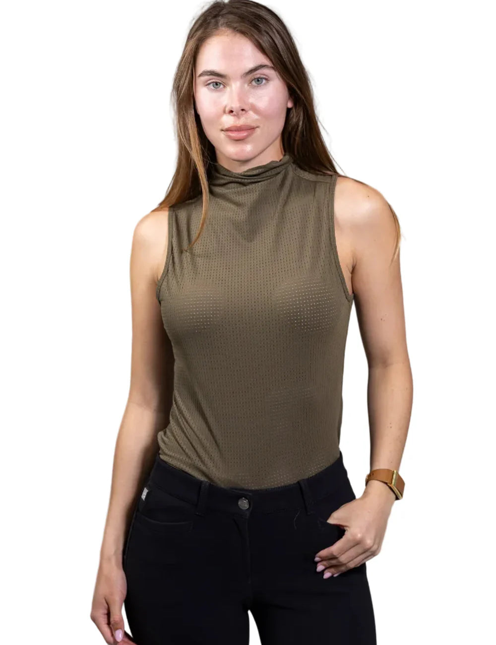Front view of model wearing the Equisite Blaire Perforated Sleeveless Shirt in Agave