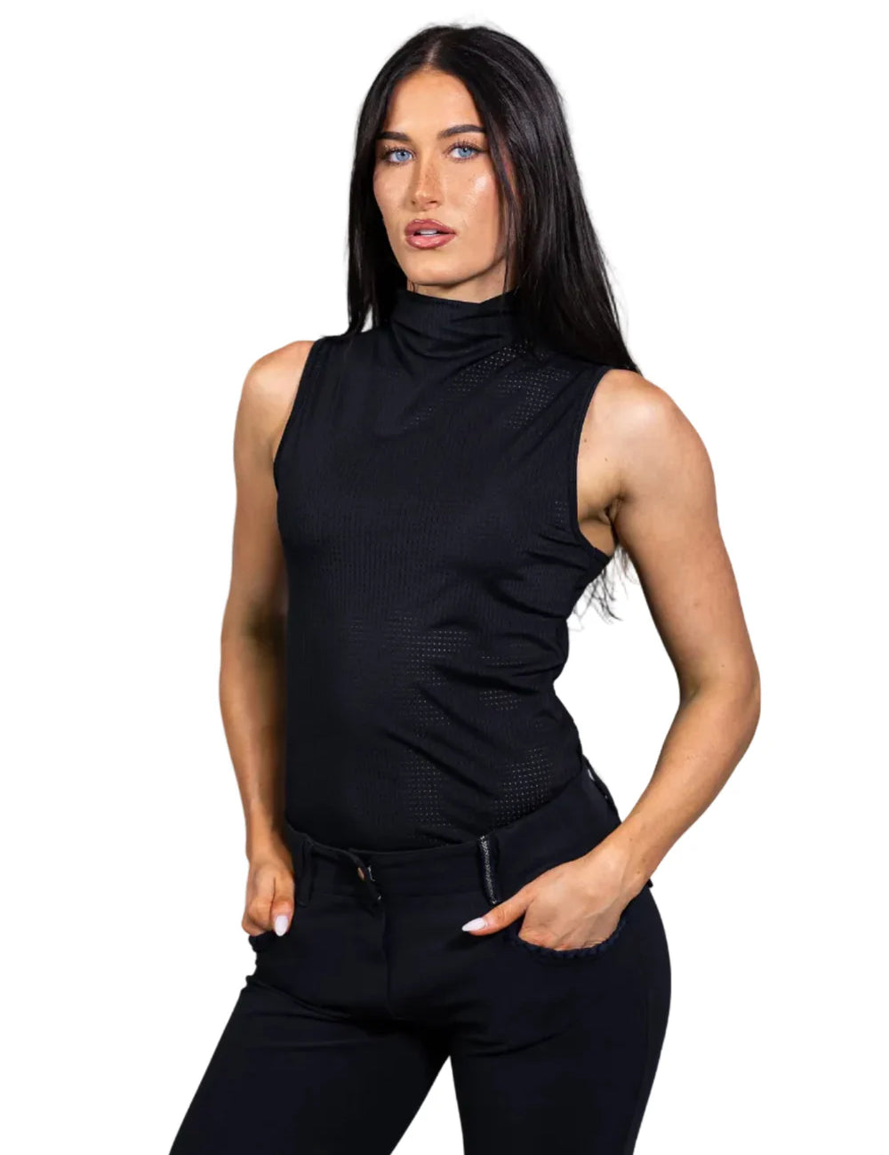 Fron view of model wearing the Equisite Blaire Perforated Sleeveless Shirt in Jet Black