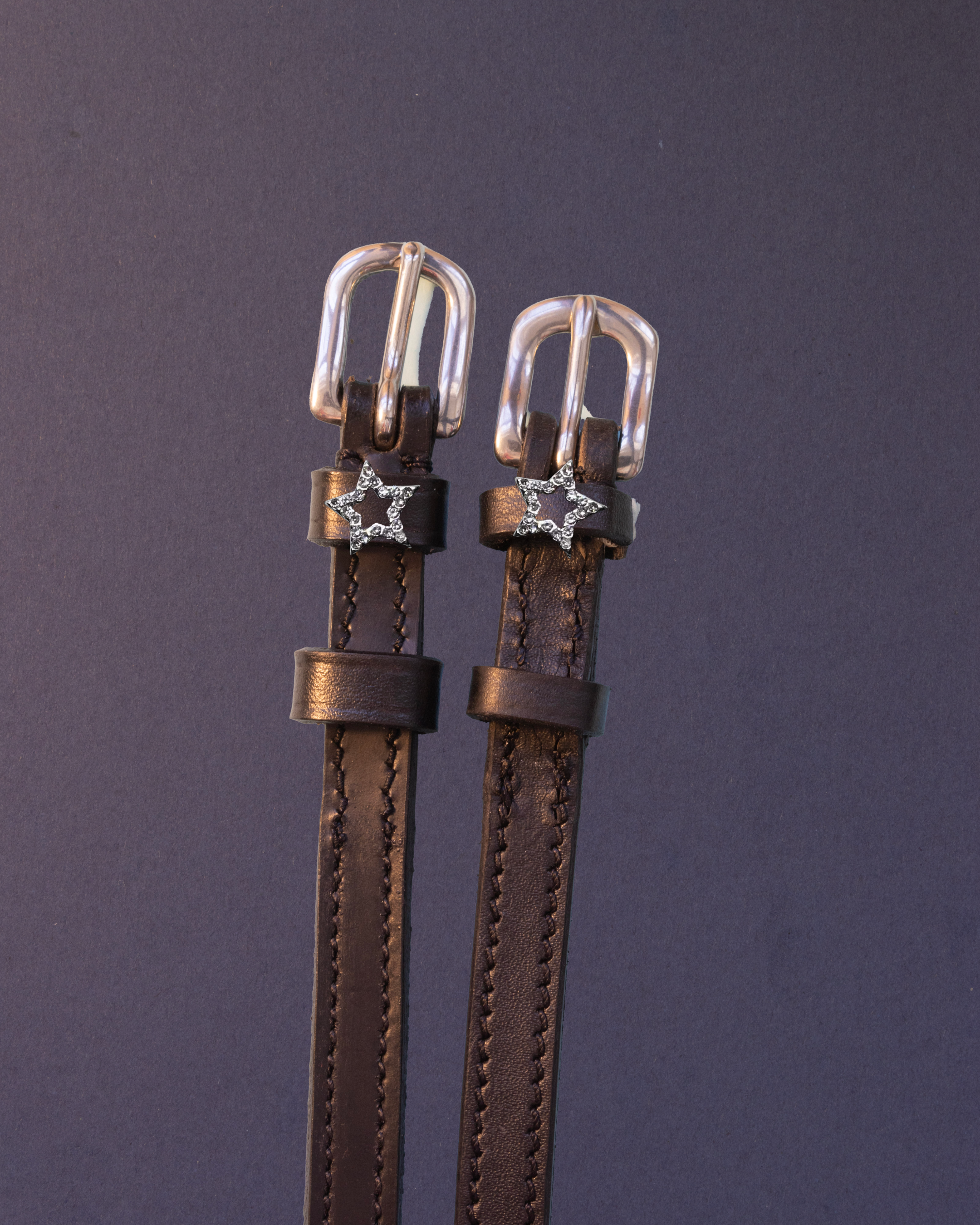 View of the sparkly star Mane Jane Spur Straps on a plain background