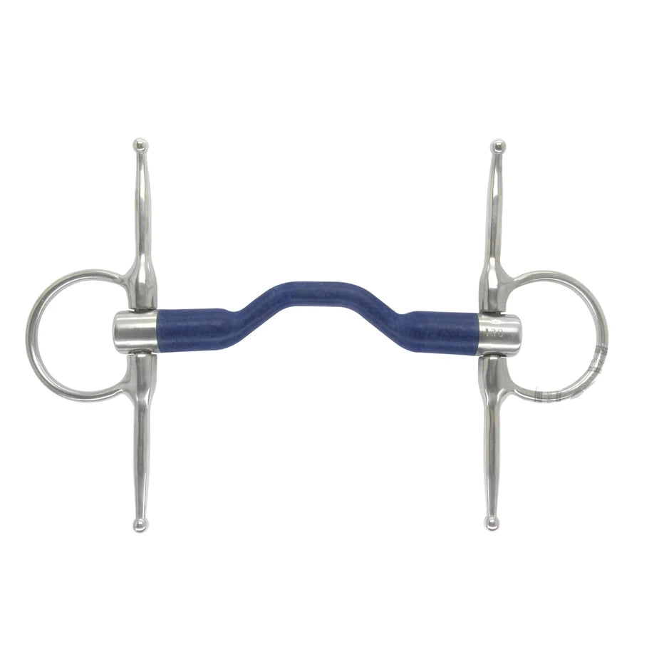 Metal silver full cheek snaffle bit with blue mouthpiece shown on plain white background