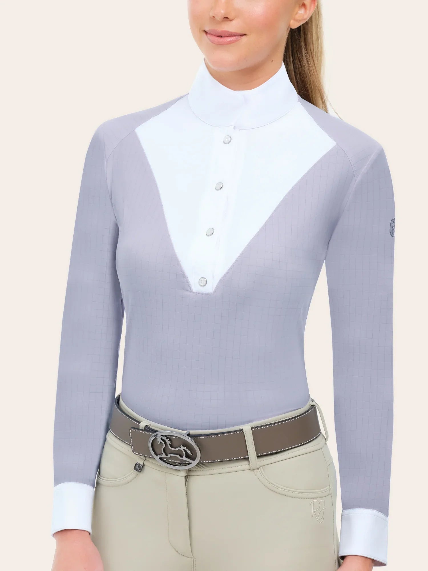 Front view of a model wearing the purple RJ Classics Brooke Show Shirt on a plain background